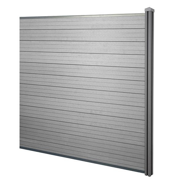 Mendler WPC-Sichtschutz Sarthe, Windschutz Zaun, WPC-Pfosten, Erweiterungselement, 1,88m grau, 57996+57997+57998