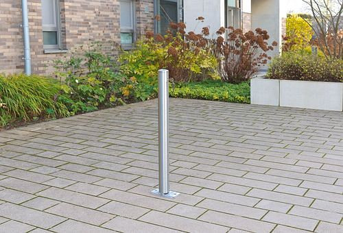 DENIOS Edelstahlpoller kippbar, zum Aufdübeln, Edelstahl V2A Oberfläche, ∅: 76 mm, Höhe 925 mm, 310916