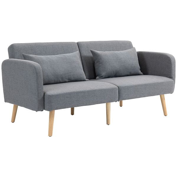 HOMCOM Schlafsofa, 3-Sitzer-Sofa mit Bettfunktion, 2 Kissen, Polstersofa mit verstellbarer Rückenlehne, Leinenoptik, Grau, 839-972V00GY