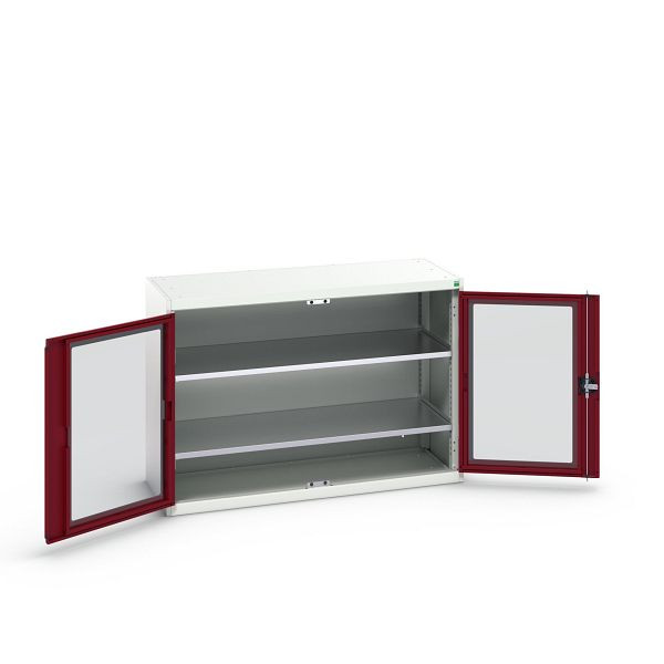bott verso Flügeltürschrank mit Sichtfenster, mit 2 Fachböden, BxTxH: 1300 x 550 x 900 mm, Lichtgrau / Purpurrot, 16926661.24