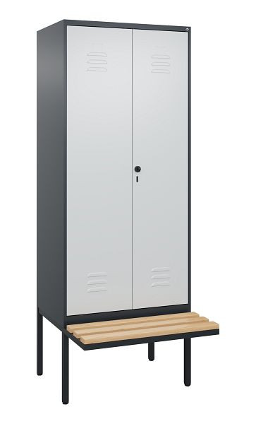 C+P Umkleidespind Classic PLUS SW, 2 Abteile, 2120x800x815mm, 7016/7035, Drehriegel, Buche-Sitzleisten, 0800427-22 S10013