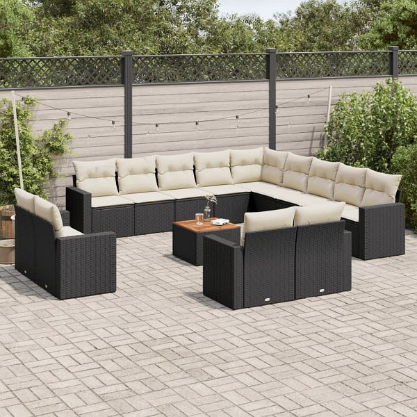 vidaXL 14-teilig Garten-Sofagarnitur mit Kissen Schwarz Poly Rattan, 3224397