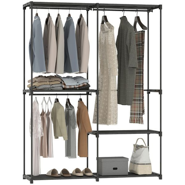 HOMCOM Tragbarer Kleiderständer, Metallrahmen, Stoffregale, viel Platz, Schwarz, 850-360V00BK