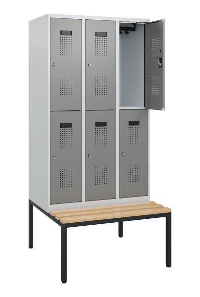 C+P Doppelstöckiger Spind Evolo PLUS, Bank, 6 Fächer, 1950x900x815mm, 7035/0004, Zylinderschloss, Sitzfläche Buche-Hartholz, Sitzbank, 0493505-30 S10041