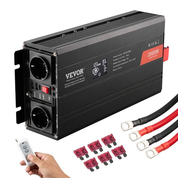 VEVOR Wechselrichter mit reiner Sinuswelle 2000W DC 12V AC 230V Spannungswandler mit 2 AC-Steckdosen 2 USB-Anschlüssen, CZXNBQ2000WCKAYAZV2
