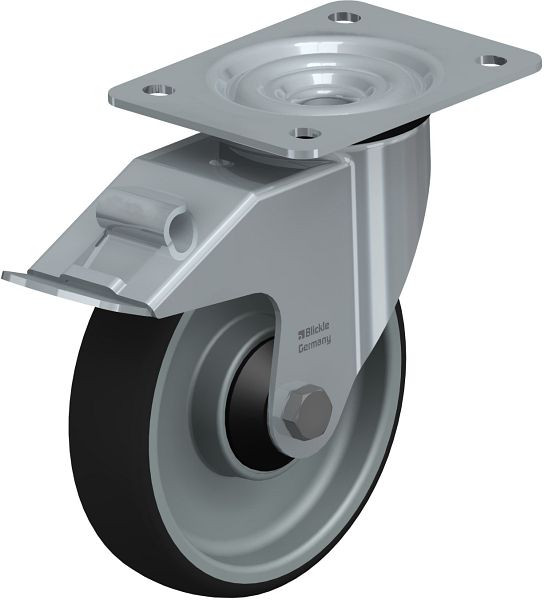 Blickle LE-PATH 160K-FI-ELS Stahlblech-Lenkrolle mit Anschraubplatte & Feststeller, Thermoplastisches Polyurethan, Grau, 852158