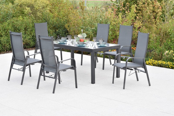 Merxx Alassio Set 7-teilig, 6 Alassio Sessel, Rückenlehne durch Gasdruck verstellbar, 1 Ausziehtisch 150 (210) x 90 cm, 51037-309