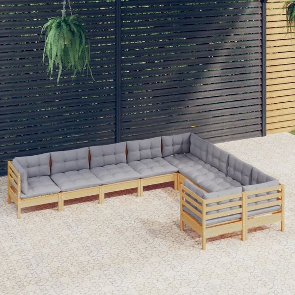 vidaXL 9-teilig Garten-Lounge-Set mit Grauen Kissen Kiefernholz, 3096982