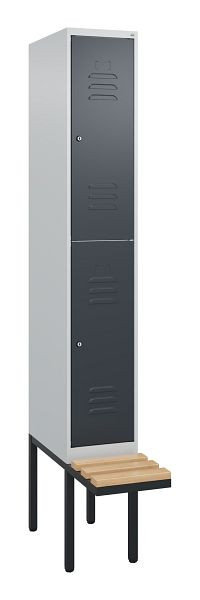 C+P Doppelstöckiger Spind Classic PLUS, 2120x300x815mm, 7035/7016, Zylinderschlösser, Sitzleisten aus Buche, schwebende Sitzfläche, 0803407-10 S10098