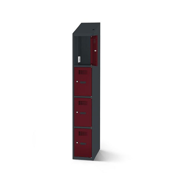 Rotstahl Fächerschrank, 4 Fächer, Stollenfüße, mit Ladefunktion, Schrägdach, Korpus: anthrazitgrau, Türen: weinrot, 2180-010400-0402112-7016-3005