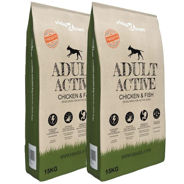 vidaXL Trockenfutter für Hunde Adult Active Chicken & Fish, VE: 2 Stück à 15 kg, 275194, 8718475607953