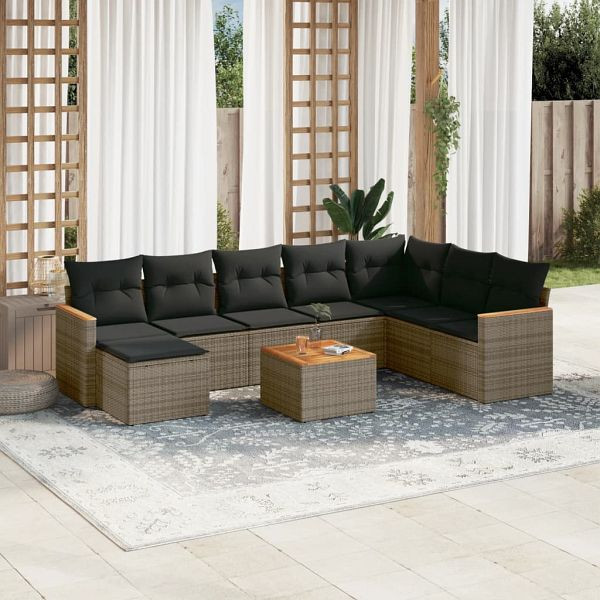 vidaXL 9-tlg. Garten-Sofagarnitur mit Kissen Grau Poly Rattan, 3258658