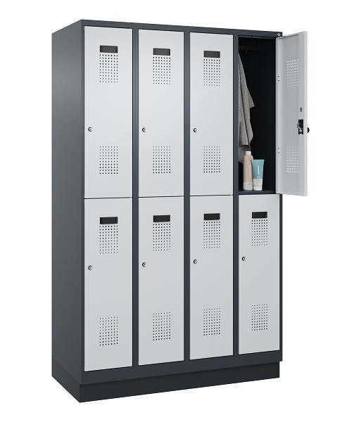 C+P Doppelstöckiger Spind Evolo PLUS, mit Sockel, 8 Fächer, 1950x1200x500mm, 701, Frontfarbe RAL 7035 Lichtgrau, Zylinderschloss, 049320-40 S10044