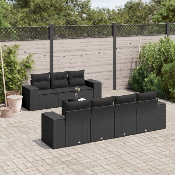 vidaXL 8-tlg. Garten-Sofagarnitur mit Kissen Schwarz Poly Rattan, 3222324