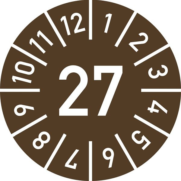 Moedel Prüfplakette Jahr 27 mit Monaten, braun, Folie, Ø 10 mm, VE: 10 Stück/Bogen, 106096