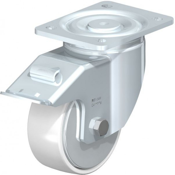Blickle LH-PO 127K-FI-FA Stahlblech-Lenkrolle, Schwerlast-Ausführung, mit Anschraubplatte & Feststeller, Polyamid, Weiß, 852779