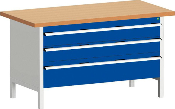 bott cubio Kastenwerkbank mit 3 Schubladen Rotbuche-Arbeitsplatte BxTxH: 1500 x 750 x 840 mm, RAL 7035/5010, 41002168.11V