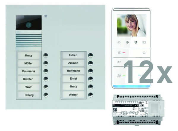 TCS Türkontrollsystem video:pack UP für 12 Wohneinheiten, mit Außenstation AVU 12 Klingeltasten, 12x Video Freisprecher IVW5111, Steuerung, PVU17120-0010