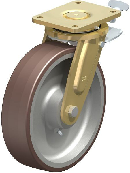 Blickle LS-GB 302K-ST-RI4 Stahlgeschweißte Schwerlast-Lenkrolle, schwere Drehkranz-Ausführung mit Feststeller, Blickle Besthane®, Braun, 844976