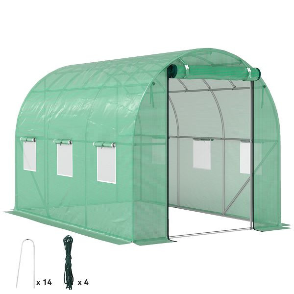 Outsunny Polytunnel Gewächshaus mit Kunststoff-Abdeckung und Stahlrahmen, begehbares Gewächshauszelt mit Rolltüren, Grün, 84H-238V00GN