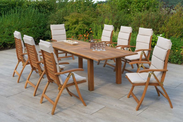 Merxx Paraiba Set 9-teilig, 8 Paraiba Klappsessel, 8 Auflagen, beige, 1 Doppelausziehtisch, 180 (220/260) x 100 cm, FSC Akazienholz, 50113-311