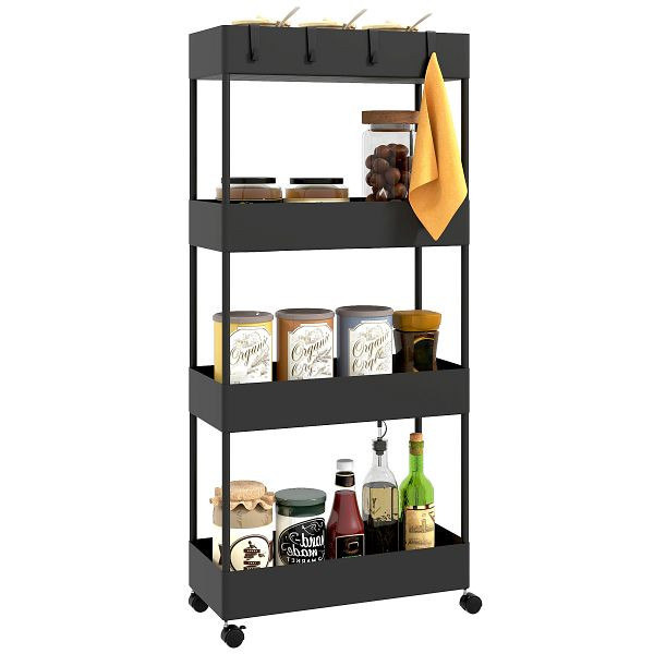 HOMCOM Küchenwagen mit 4 Regalen, 4 flexiblen Haken, 4 Rollen, 40 cm x 19 cm x 90 cm, Nischenwagen, Schwarz, 850-166V00BK