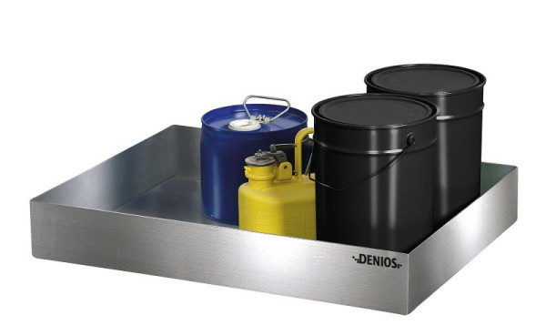 DENIOS Kleingebindewanne aus Edelstahl, 40 Liter Auffangvolumen, 510 x 845 x 120 mm, 328411