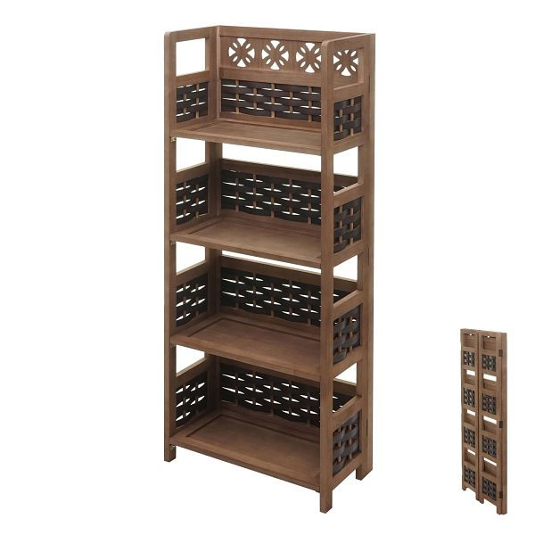 Mendler Regal HWC-K86, Standregal Wohnregal, klappbar 4 Ablagen, Holz 110cm, dunkelbraun, Geflecht dunkelbraun, 97660