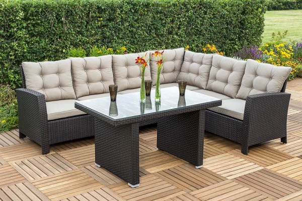 Merxx Salerno Eckbank Dinning Set, 1 Eckbank inkl. Sitz- und Rückenkissen, 1 Tisch 120 x 70 cm, aufliegende Glasplatte, braun/beige, 28430-210