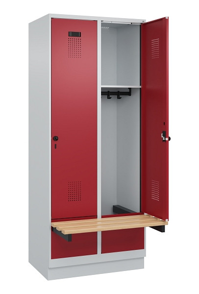 C+P Spind Evolo PLUS, 2 Abteile, 1950x800x815mm, 7035/3003, Drehriegel, Sitzfläche Holz, Sitzbank auskragend Sockel, 049040-22 S10004