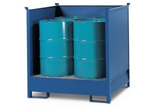 DENIOS Gefahrstoffstation 4 P2-O-V50 aus Stahl, lackiert, für 4 Fässer à 200 Liter, 3 Wände, stapelbar, 178413