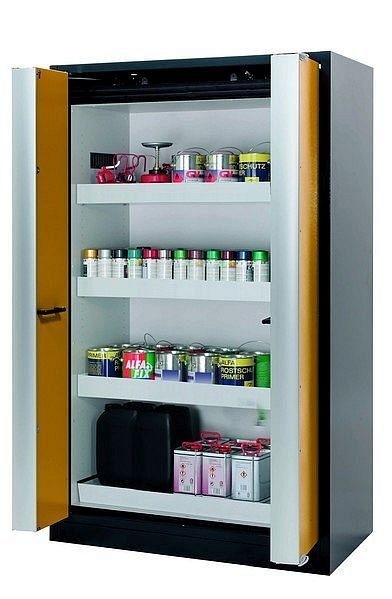 asecos Sicherheitsschrank Q-PHOENIX-90, Q90.195.120.FD in sicherheitsgelb RAL 1004 mit 3x Wannenboden Standard (Stahlblech), 32149-040-30007