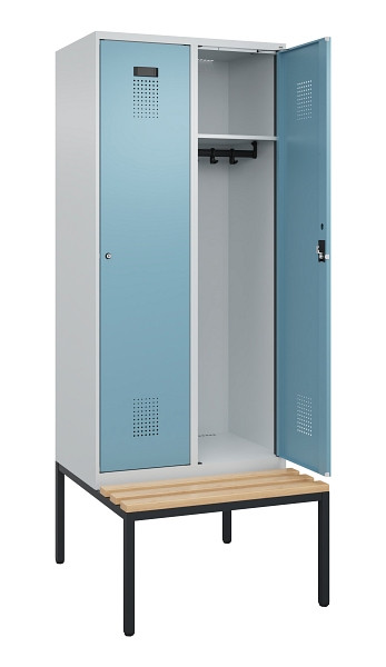 C+P Spind Evolo PLUS, 2 Abteile, 2120x800x815mm, 7035/0010, Haken 4, Zylinderschloss, Sitzfläche Buche-Hartholz, Sitzbank, 0490507-22 S10036