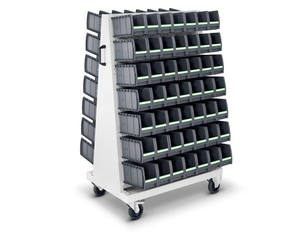 bott perfo Rack plus mobil mit Boxen 6 Schlitzplatten, 98 bottBoxen BxTxH: 1000 x 650 x 1600 mm, RAL 7035, 14026043.16