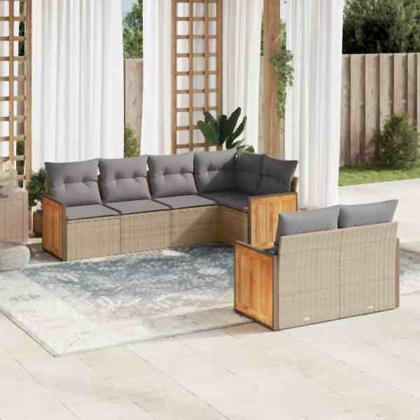 vidaXL 7-tlg. Garten-Sofagarnitur mit Kissen Beige Poly Rattan, UV-beständig, 3260225