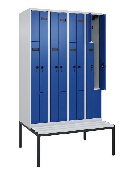 C+P Z-Spind Evolo PLUS, 8 Fächer, 2120x1200x815mm, 7035/5010, Drehriegel, Sitzfläche Kunststoff, Sitzbank, 0490537-408 S10060