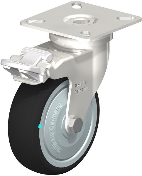 Blickle LPXA-PATH 75KD-FI-FK Edelstahl-Apparate-Lenkrolle mit Anschraubplatte & Feststeller, Thermoplastisches Polyurethan, Grau, 760902