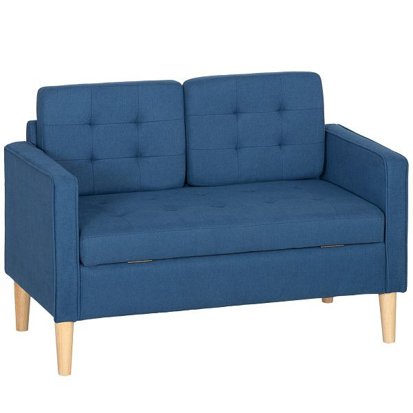HOMCOM Zweisitzer-Sofa mit Stauraum, Knopfheftung, Kissen, Kautschukbaumholz, 117x62x78cm, Blau, 839-032V00BU