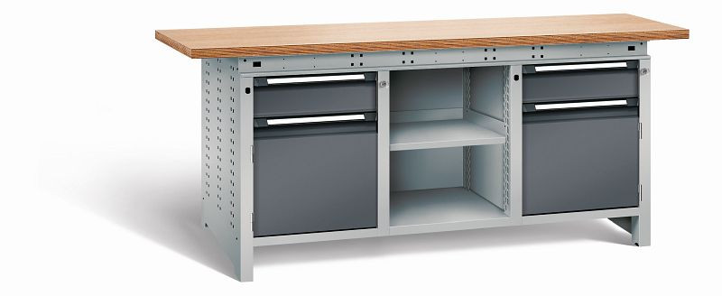 Otto Kind Werkbank Serie function Typ 308, Multiplexplatte 40 mm, überstehend, 2x Unterbau + mittleres Feld, Gehäuse RAL 9006, Front RAL 7016, 07236324S