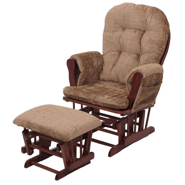 Mendler Relaxsessel HWC-C76, Schaukelstuhl Schwingstuhl mit Hocker Stoff Chenille (465g/m²) Öko-Tex, hellbraun, Gestell dunkel, 109014