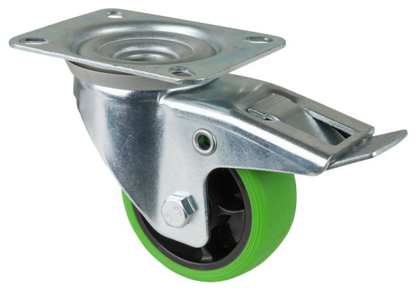 BS Rollen Transportrolle Lenkrolle mit Festeller, thermoplastisches Gummirad, Reifen grün, Rollenlager, Platte, 80 mm, VE: 4 Stück, L420.B44.081.04