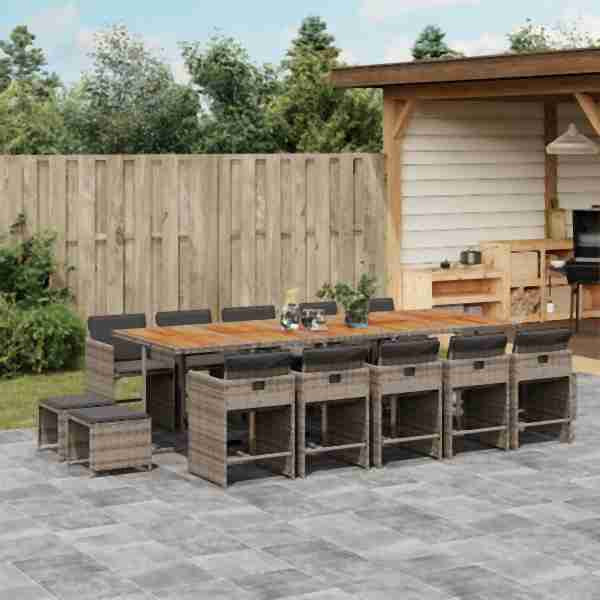 vidaXL 15-tlg. Garten-Essgruppe mit Kissen Grau Poly Rattan, UV-beständig, 3211178