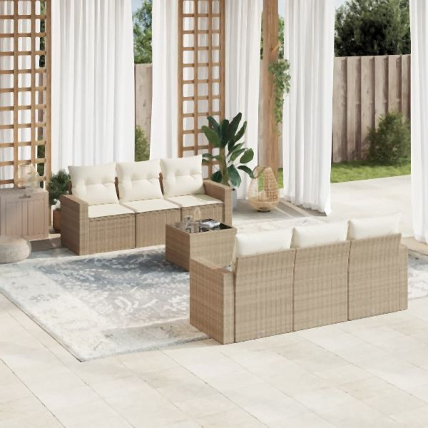 vidaXL 7-tlg. Garten-Sofagarnitur mit Kissen Beige Poly Rattan, 3218698