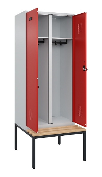 C+P Schwarz-Weiß-Spind Evolo PLUS, Bank, 2 Abteile, 2120x800x815mm, 7035/3020, Drehriegel, Sitzfläche Buche-Hartholz, Sitzbank, 0490527-22 S10005