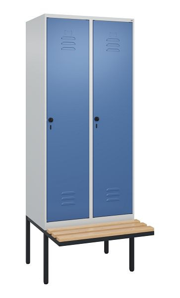 C+P Umkleidespind Classic PLUS, 2 Abteile, 2120x800x815mm, 7035/5023, Drehriegel, Buche-Sitzleisten, je 2 Doppel-Haken, 0800407-22F S10005