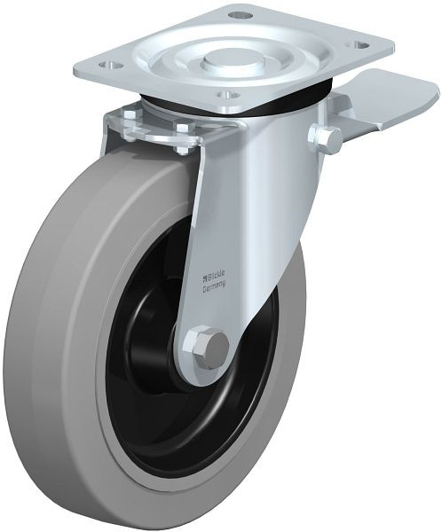 Blickle L-POEV 200R-ST-SG Stahlblech-Lenkrolle, mittelschwere Ausführung, mit Anschraubplatte & Feststeller, Elastik-Vollgummi, Grau, 31666