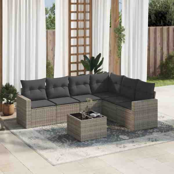 vidaXL 7-tlg. Garten-Sofagarnitur mit Kissen Grau Poly Rattan, UV-beständig, 3219010