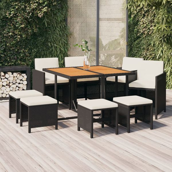 vidaXL 9-teilig Garten-Essgruppe mit Kissen Poly Rattan Schwarz, 3095522