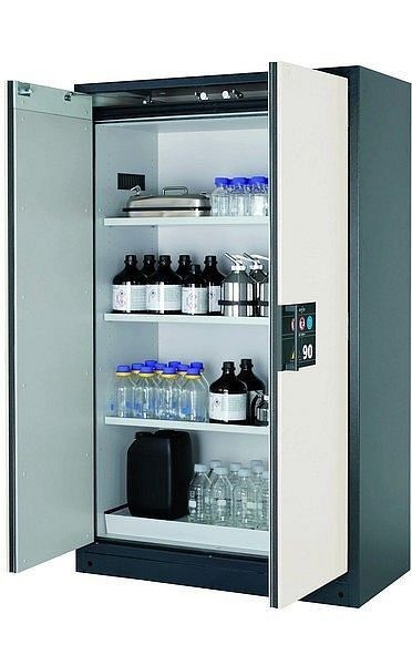 asecos Sicherheitsschrank Q-CLASSIC-90, Q90.195.120 in reinweiß RAL 9010 mit 3x Wannenboden Standard (Stahlblech), 30001-050-30007