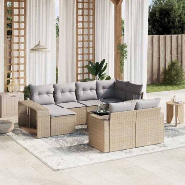 vidaXL 11-tlg. Garten-Sofagarnitur mit Kissen Beige Poly Rattan, 3261299